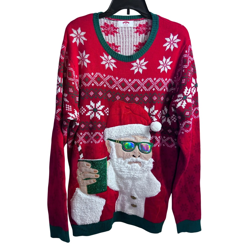 Holiday Time Sweater XL Red Santa Sunglasses Fair Isle Ugly Christmas Mens